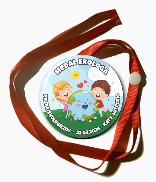 Grafika przedstawia “Medal Ekologa” z ilustracjami dzieci i Ziemi. Jest to medal, który prawdopodobnie jest za działania lub osiągnięcia związane z ochroną środowiska lub promocją zrównoważonego rozwoju.