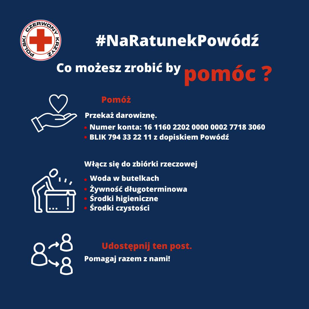 Grafika informacyjna Polskiego Czerwonego Krzyża z hashtagiem "#NaRatunekPowódź" na górze. Pod hashtagiem znajduje się pytanie: "Co możesz zrobić, by pomóc?" Słowo "pomóc" jest wyróżnione czerwonym kolorem. Pod pytaniem są trzy sekcje działań:  Pomóż – Przekaż darowiznę. Podano numer konta bankowego oraz numer BLIK z dopiskiem "Powódź". Włącz się do zbiórki rzeczowej – Wymienione przedmioty to: woda w butelkach, żywność długoterminowa, środki higieniczne i środki czystości. Obok znajduje się ikona osoby wkładającej przedmioty do pudełka. Udostępnij ten post – Zachęta do szerzenia informacji z ikoną dwóch osób wymieniających się treściami. W lewym górnym rogu widnieje logo Polskiego Czerwonego Krzyża. Tło grafiki jest granatowe.