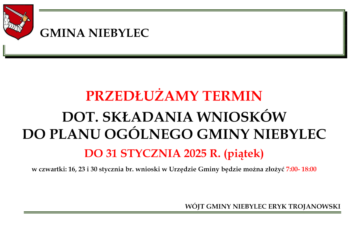 Plakat informacyjny Gminy Niebylec z herbem w lewym górnym rogu. Treść plakatu: "Przedłużamy termin dot. składania wniosków do planu ogólnego Gminy Niebylec do 31 stycznia 2025 r. (piątek). W czwartki: 16, 23 i 30 stycznia br. wnioski w Urzędzie Gminy będzie można złożyć w godzinach 7:00–18:00." W prawym dolnym rogu znajduje się podpis: "Wójt Gminy Niebylec Eryk Trojanowski." Tło białe, tekst w kolorach czarnym i czerwonym, z ozdobnymi liniami w zielonym odcieniu.