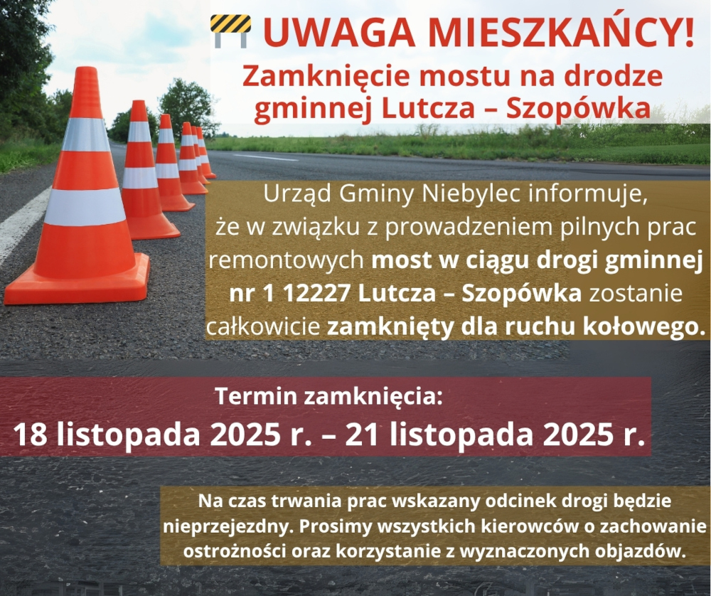 Grafika informacyjna dotycząca zamknięcia mostu na drodze gminnej Lutcza–Szopówka. W tle widoczna jest jezdnia oraz rząd pomarańczowych pachołków ustawionych wzdłuż drogi. Na grafice umieszczono treść: „Uwaga mieszkańcy! Zamknięcie mostu na drodze gminnej Lutcza – Szopówka. Urząd Gminy Niebylec informuje, że w związku z prowadzeniem pilnych prac remontowych most w ciągu drogi gminnej nr 1 12227 Lutcza – Szopówka zostanie całkowicie zamknięty dla ruchu kołowego. Termin zamknięcia: 18 listopada 2025 r. – 21 listopada 2025 r. Na czas trwania prac wskazany odcinek drogi będzie nieprzejezdny. Prosimy wszystkich kierowców o zachowanie ostrożności oraz korzystanie z wyznaczonych objazdów.”