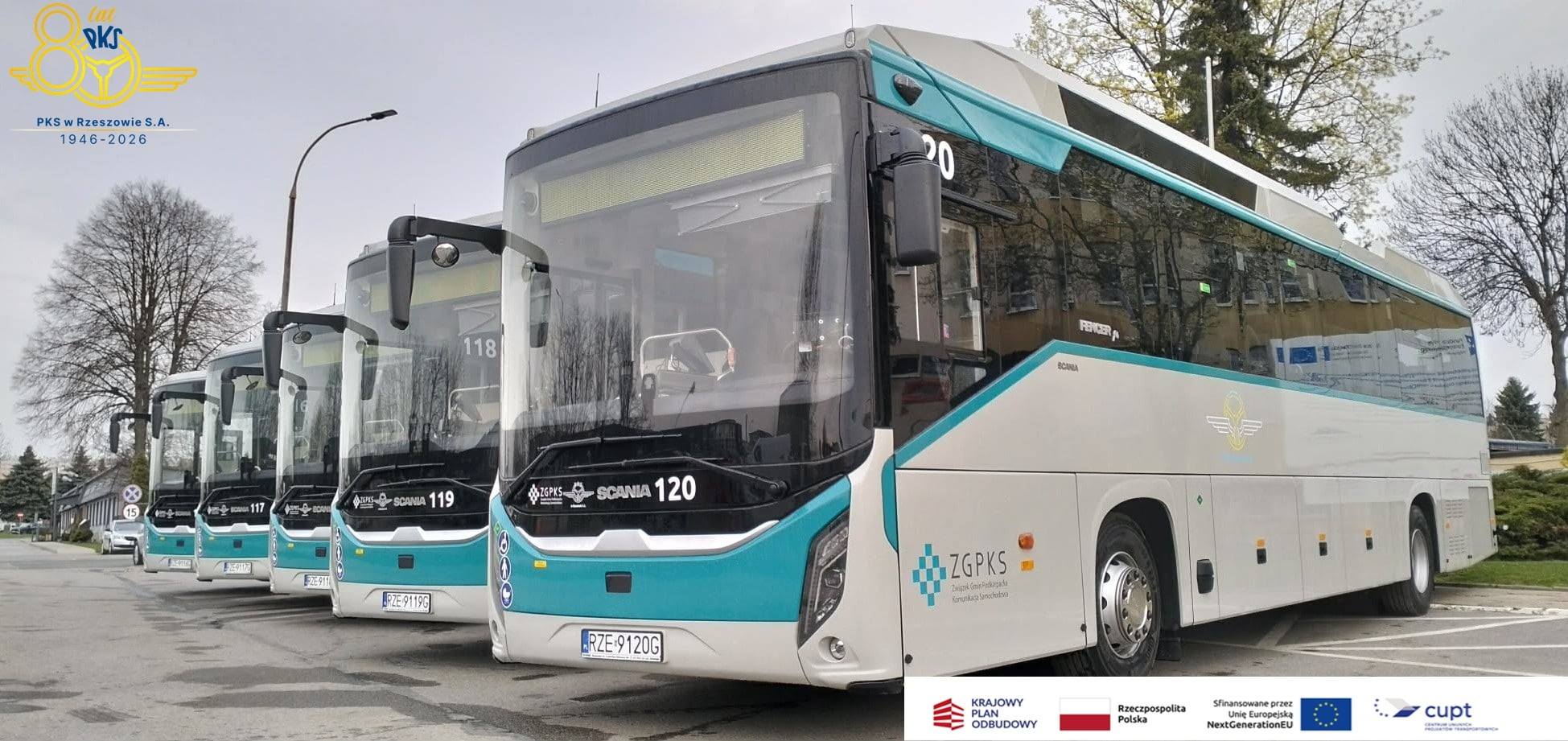 Na zdjęciu widocznych jest pięć nowoczesnych autobusów komunikacji publicznej ustawionych w rzędzie na parkingu. Pojazdy są w kolorze biało-turkusowym i należą do Związku Gmin „Podkarpacka Komunikacja Samochodowa”. Na przodzie autobusów widoczne są numery taborowe oraz marka pojazdów. W tle znajdują się drzewa bez liści oraz zabudowania.  W lewym górnym rogu grafiki umieszczono logo „80 lat PKS w Rzeszowie S.A. 1946–2026”. W dolnej części widoczne są logotypy związane z finansowaniem projektu, w tym Krajowego Planu Odbudowy, Rzeczypospolitej Polskiej oraz Unii Europejskiej.