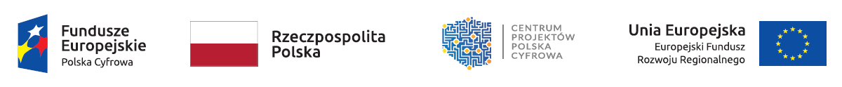 Logotypy Funduszy Europejskich Polska Cyfrowa, Flaga Rzeczpospolitej Polskiej, Centrum Projektów Cyfrowych Polska Cyfrowa, flaga Unii Europejskiej z napisem Europejski Fundusz Rozwoju Regionalnego