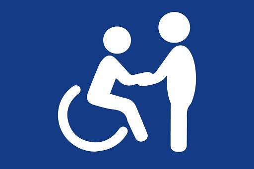 Logotyp z grafiką zawierająceą podobiznę osoby udzielającej pomocy osobie niepełnosprawnej