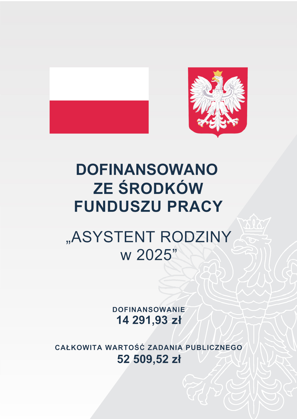 Grafika informacyjna z flagą Polski po lewej i godłem Polski po prawej stronie. Pod nimi znajduje się tekst: „Dofinansowano ze środków Funduszu Pracy – ‘Asystent Rodziny w 2025’”. Niżej podano kwoty: „Dofinansowanie 14 291,93 zł” oraz „Całkowita wartość zadania publicznego 52 509,52 zł”. W tle widoczny szary, półprzezroczysty orzeł z godła Polski.