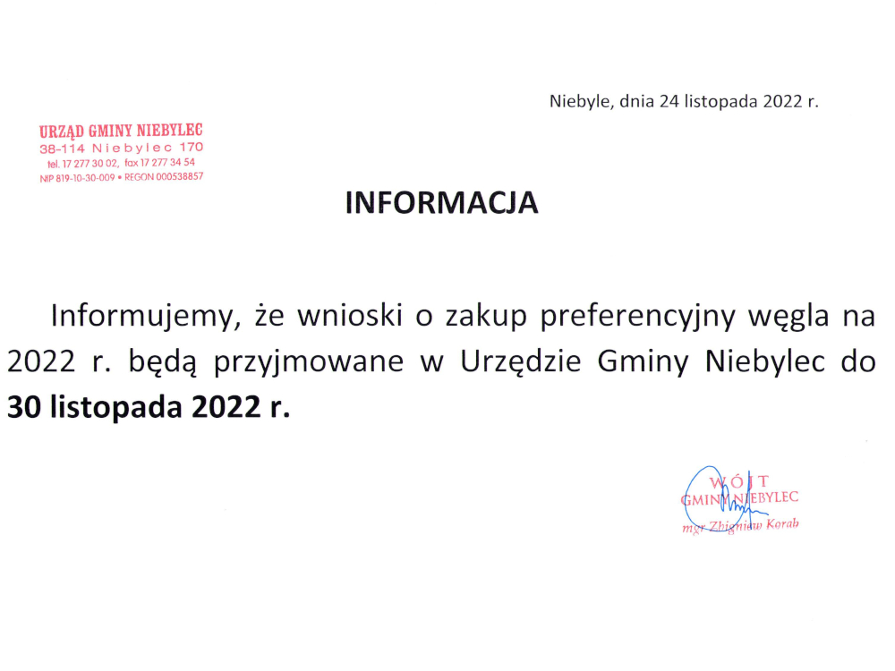 Grafika o treści: Informujemy, że wnioski o zakup preferencyjny węgla na 2022 r. będą przyjmowane w Urzędzie Gminy Niebylec do 30 listopada 2022 r.