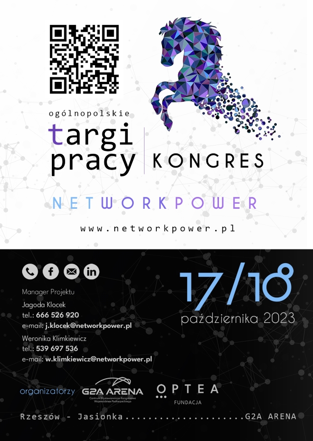 Plakat - Kongres i Ogólnopolskie Targi Pracy NetWorkPower 17 i 18 października 2023 roku w G2A Arena w Jasionce koło Rzeszowa!