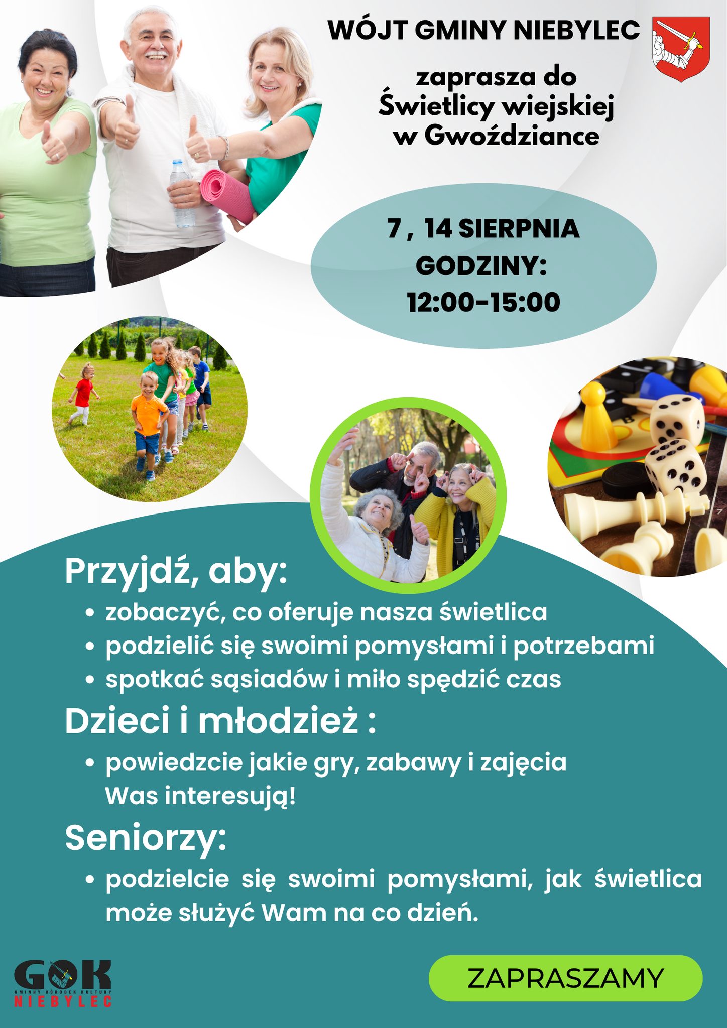 Plakat zapraszający mieszkańców na spotkanie w świetlicy wiejskiej w Gwoździance. Na grafice znajdują się zdjęcia uśmiechniętych seniorów, dzieci bawiących się na świeżym powietrzu oraz gier planszowych. Tekst informuje o terminach spotkań: 7 i 14 sierpnia, w godzinach 12:00–15:00. Zaprasza się do udziału dzieci, młodzież oraz seniorów.