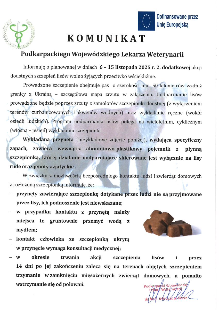 Plakat informacyjny Podkarpackiego Wojewódzkiego Lekarza Weterynarii o dodatkowej akcji szczepień lisów przeciwko wściekliźnie w dniach 6–15 listopada 2025 r. Szczepienie odbędzie się w pasie przy granicy z Ukrainą poprzez zrzuty z samolotów i wykładanie ręczne. Na plakacie znajduje się zdjęcie lisa oraz ilustracja przynęty przypominającej karmę w kształcie gwiazdki, zawierającej szczepionkę w aluminiowo-plastikowym pojemniku. Zawarte są ostrzeżenia, by nie dotykać przynęt, myć ręce po kontakcie i konsultować się z lekarzem w razie kontaktu. W tle widoczne logo UE oraz podpis dr n. wet. Mirosław Welz.
