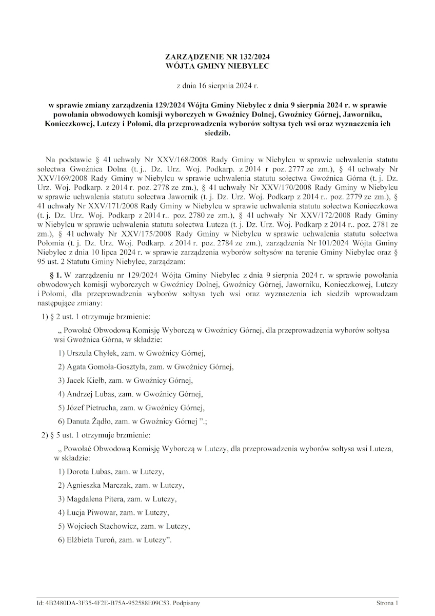 Obraz przedstawia dwustronicowy dokument urzędowy w języku polskim. Dokument to zarządzenie Wójta Gminy Niebylec nr 129/2024 z dnia 9 sierpnia 2024 roku w sprawie powołania obwodowych komisji wyborczych w kilku sołectwach gminy oraz wyznaczenia ich siedzib. Na każdej ze stron wymienione są nazwy sołectw oraz składy komisji wyborczych. Dokument zawiera również informacje o miejscach, w których będą się odbywały wybory sołtysów. Tekst jest rozmieszczony w dwóch kolumnach na obu stronach, z numeracją paragrafów i punktów.