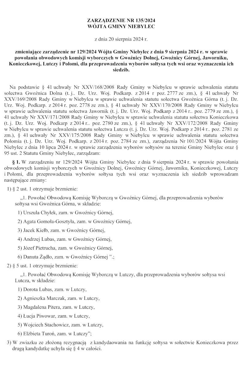 Obraz przedstawia skan oficjalnego dokumentu zatytułowanego „Zarządzenie nr 135/2024 Wójta Gminy Niebylec z dnia 20 sierpnia 2024 r.”. Dokument dotyczy zmiany wcześniejszego zarządzenia w sprawie powołania obwodowych komisji wyborczych w kilku miejscowościach na terenie gminy Niebylec, w związku z organizacją wyborów sołtysów. Tekst zawiera szczegółowe informacje o składach komisji wyborczych oraz uchwałach Rady Gminy, na podstawie których wprowadzono zmiany.